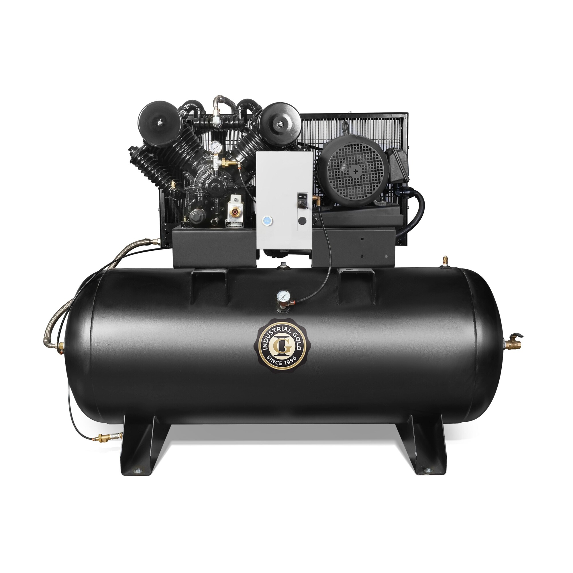 Industrial Gold 10 HP Pressure-Lubricated Reciprocating Air Compressor — 120-Gallon Horizontal, 35.4 CFM @ 175 PSI, Two-Stage 4 Cylinder V-Pump, 208-230 Volt, 1 Phase, Model# CI1021E120H-PL